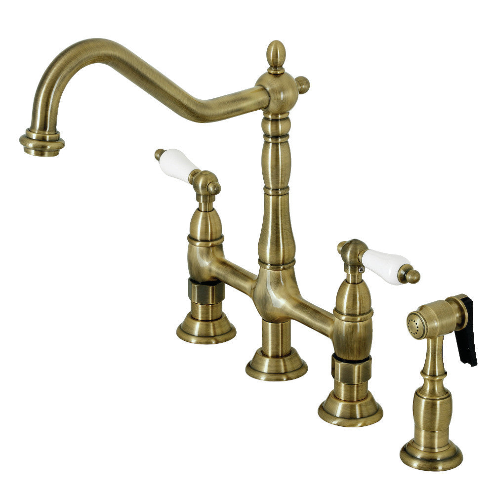 Heritage Bridge Kitchen Faucet in Antique Brass