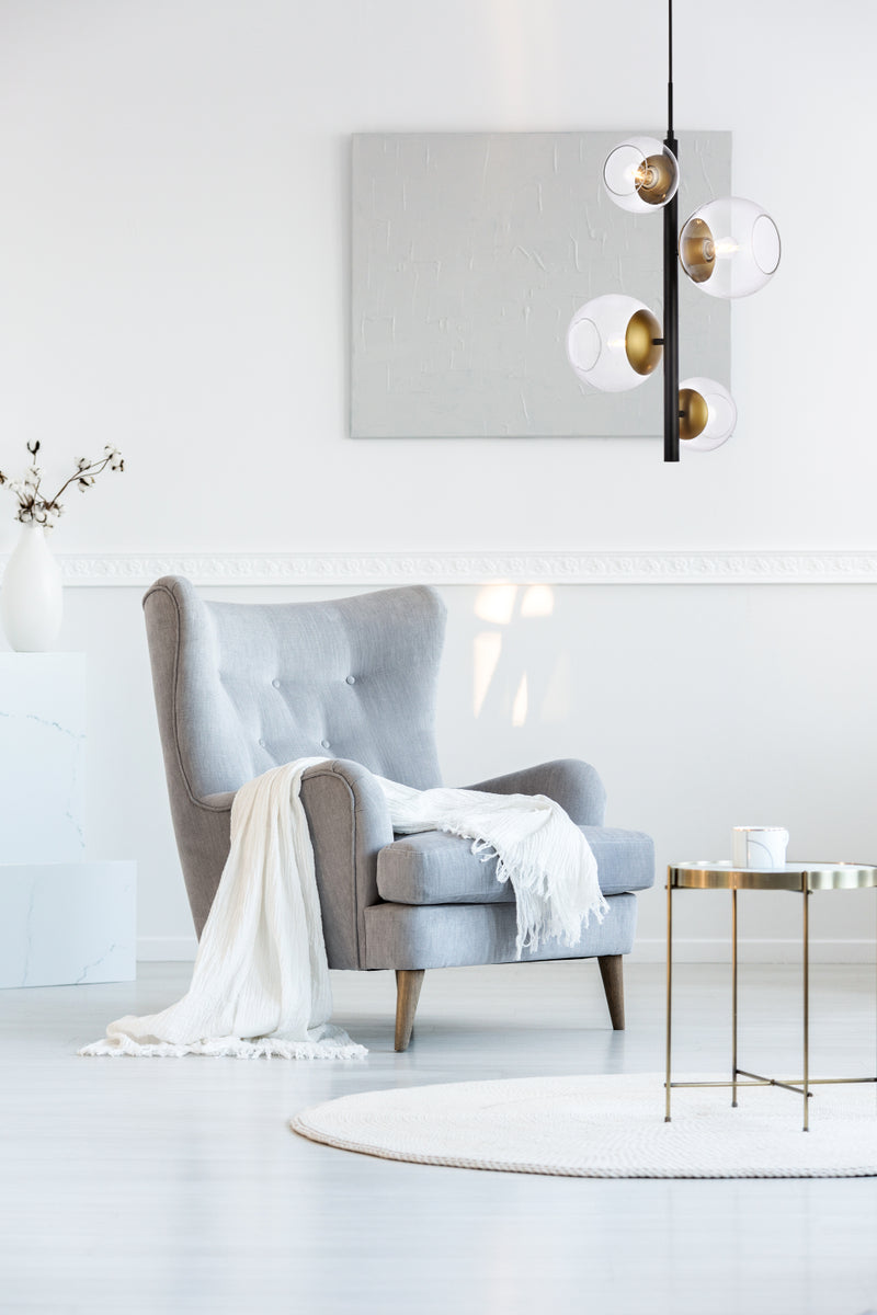 Wells 18 inch pendant in black and brass with clear shade