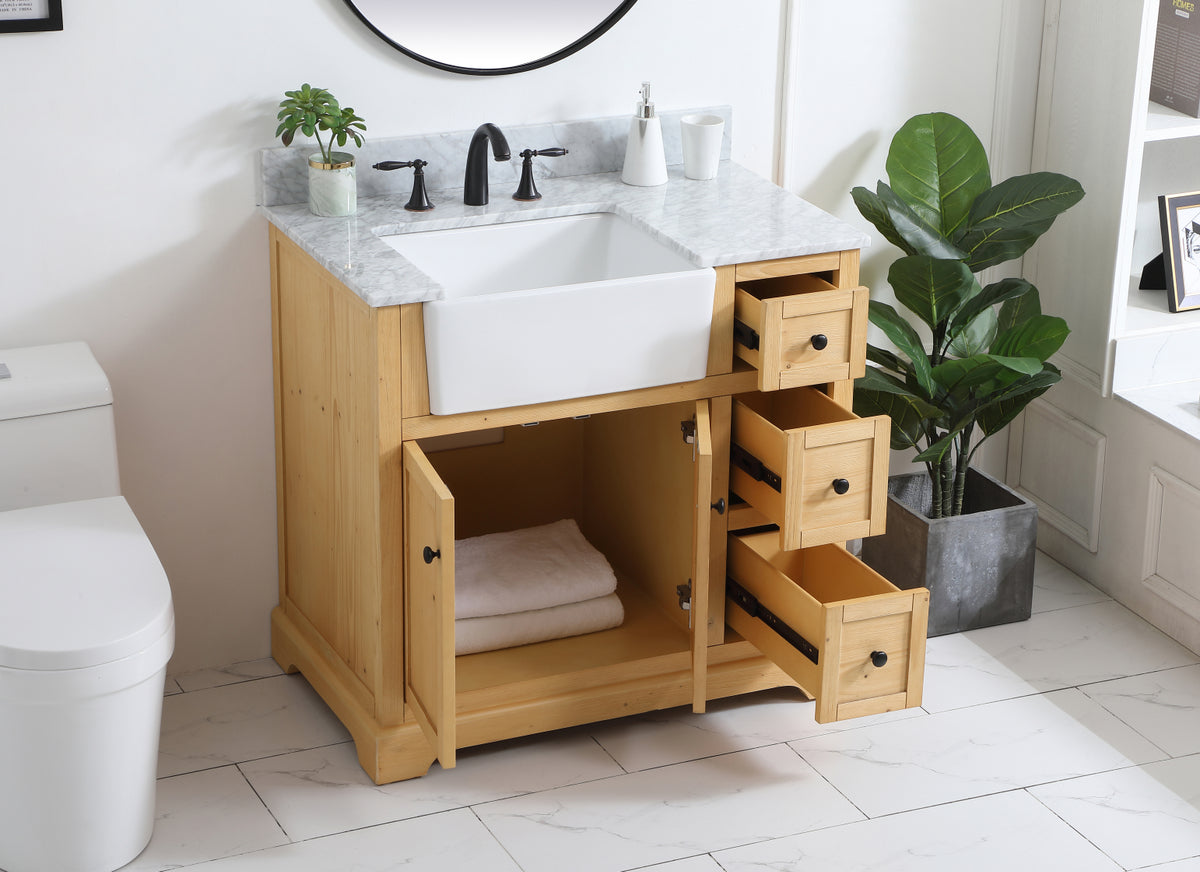 36 inch Single bathroom vanity in natural wood with backsplash