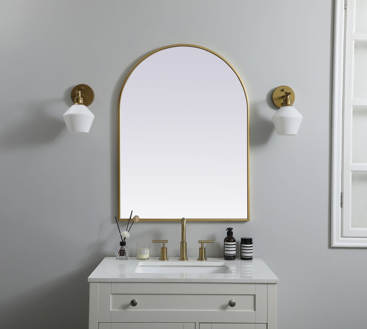 Metal Frame Arch Mirror 27x36 Inch in Brass