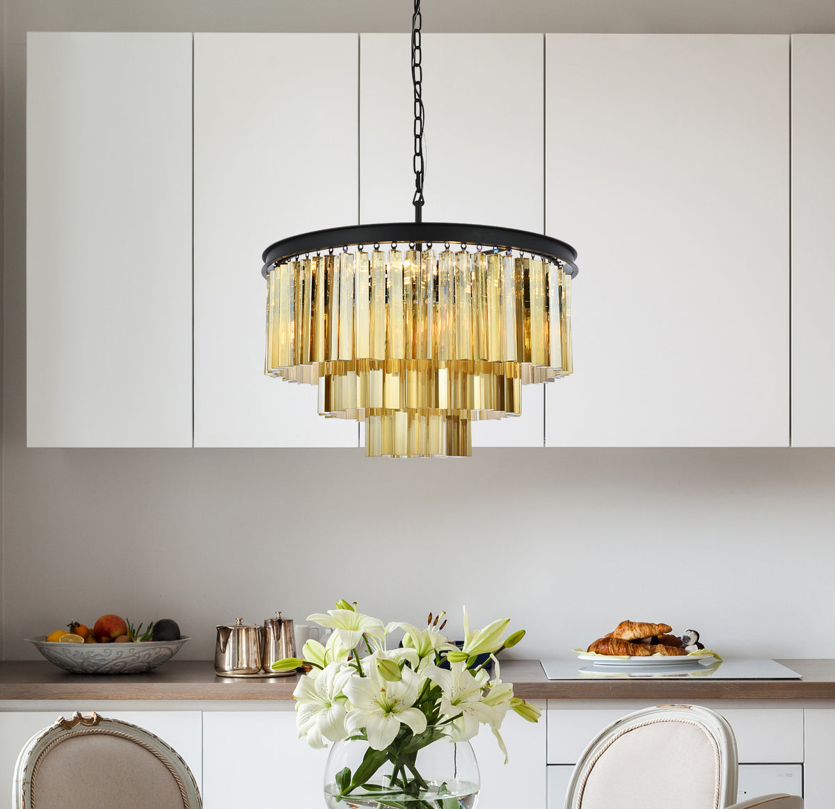 Sydney 9 light Matte Black Chandelier Golden Teak (Smoky) Royal Cut Crystal