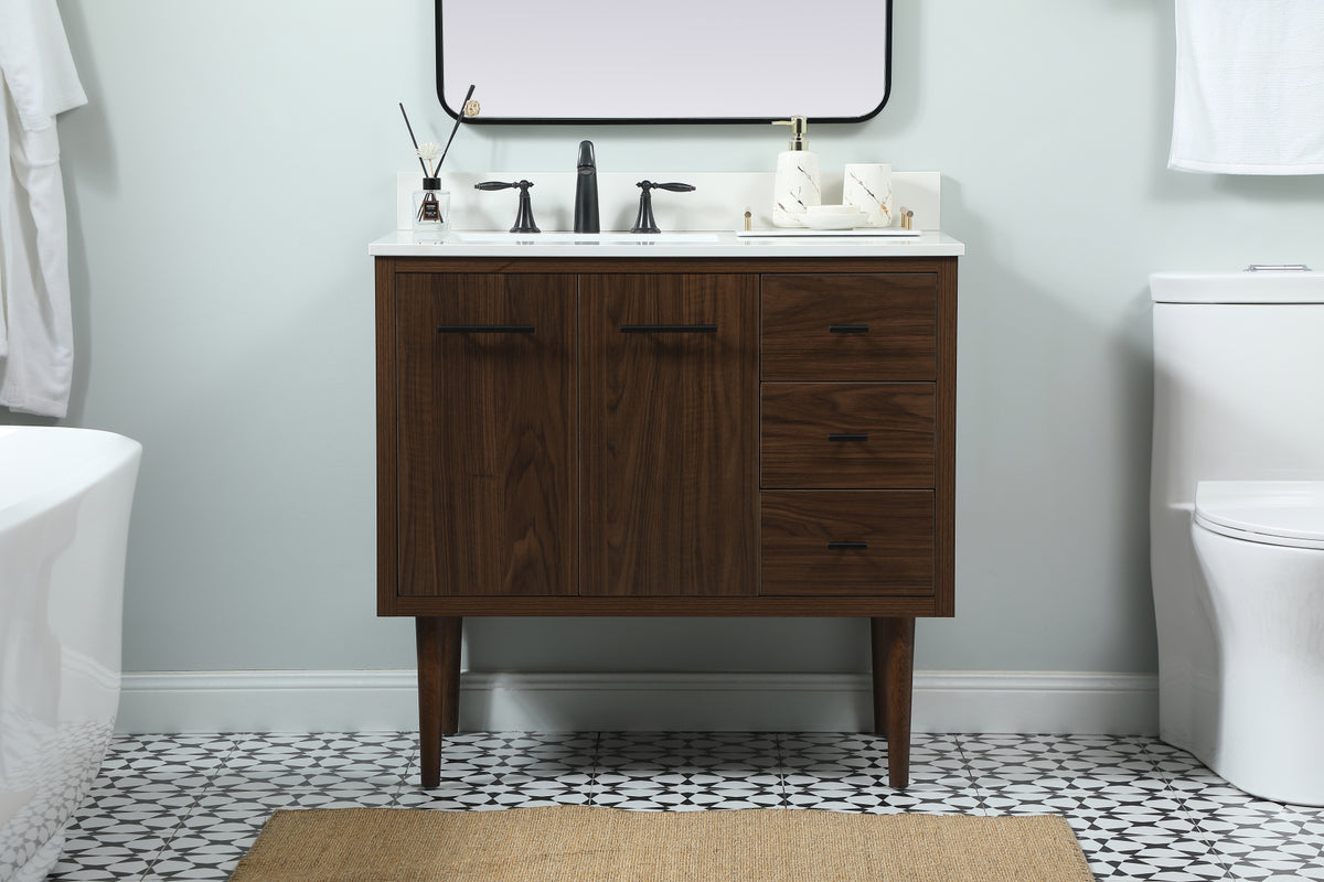 36 inch Single bathroom vanity in walnut with backsplash
