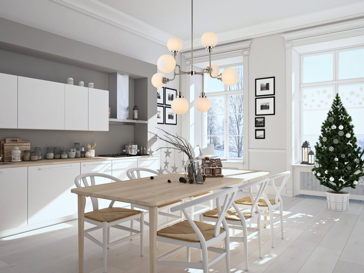 Hanson 8 lights pendant in polished nickel with frosted shade