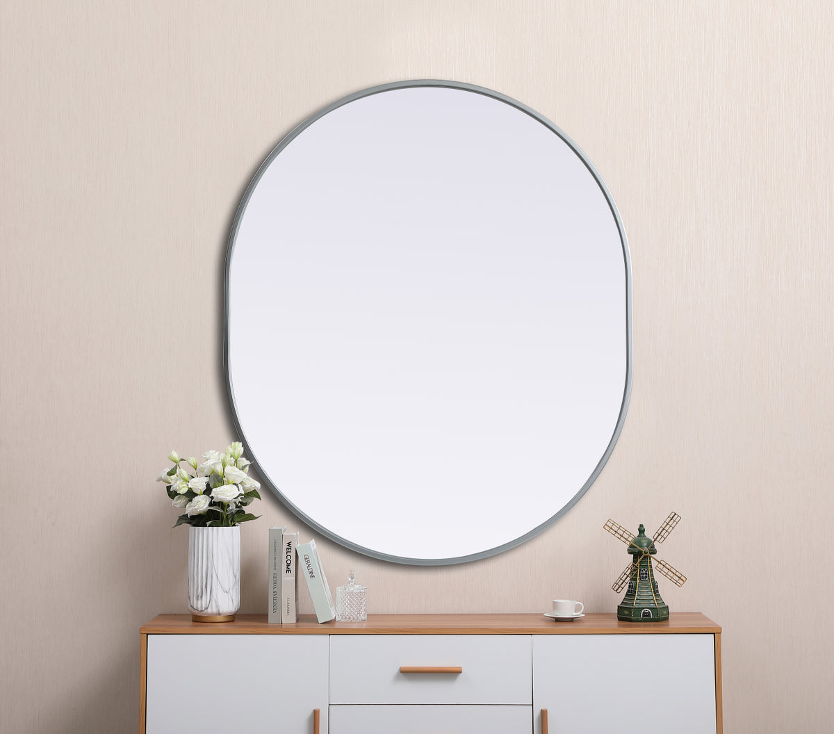 Metal Frame Oval Mirror 30x36 Inch in Silver