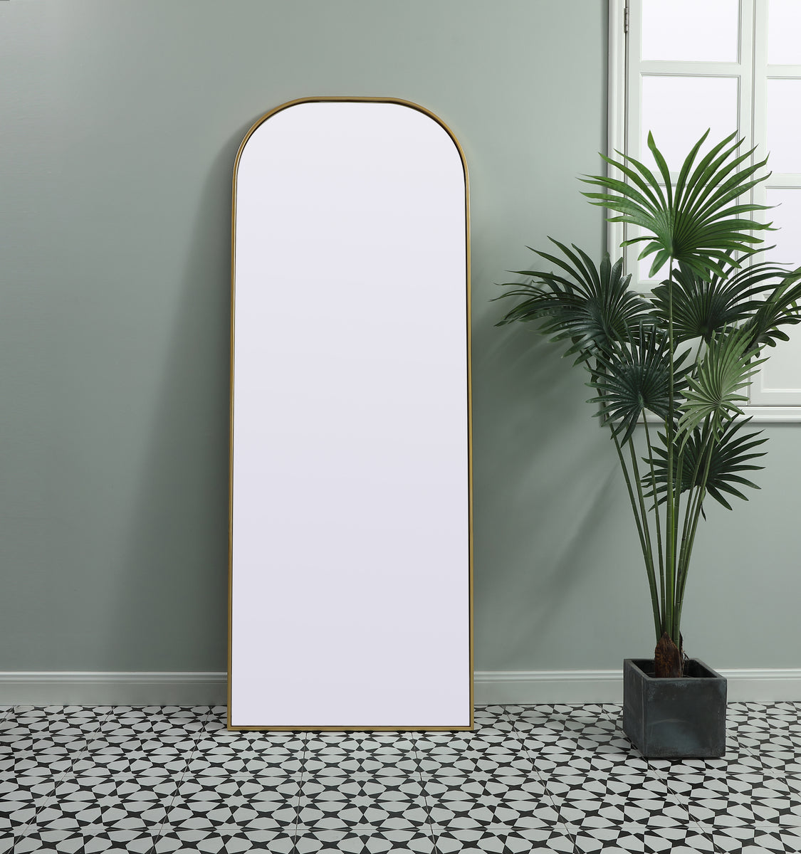 Metal Frame Arch Full Length Mirror 28x74 Inch in Brass