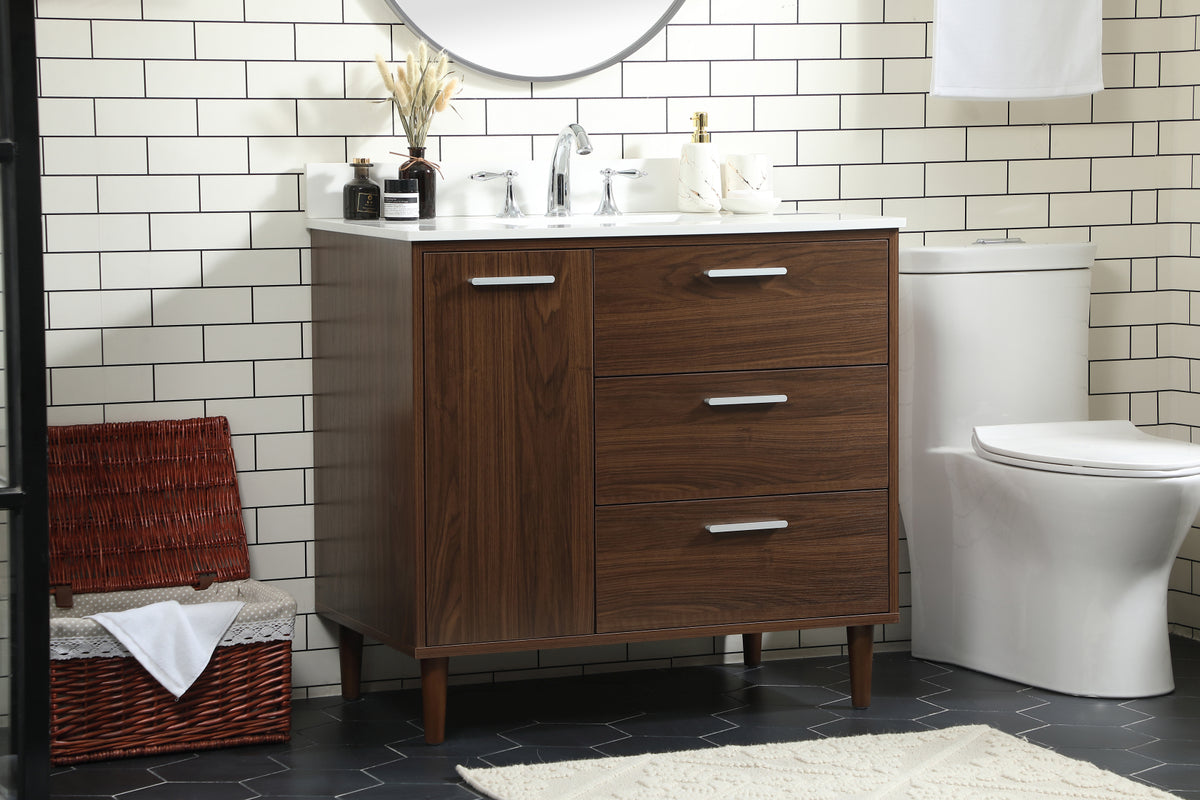 36 inch bathroom vanity in Walnut with backsplash
