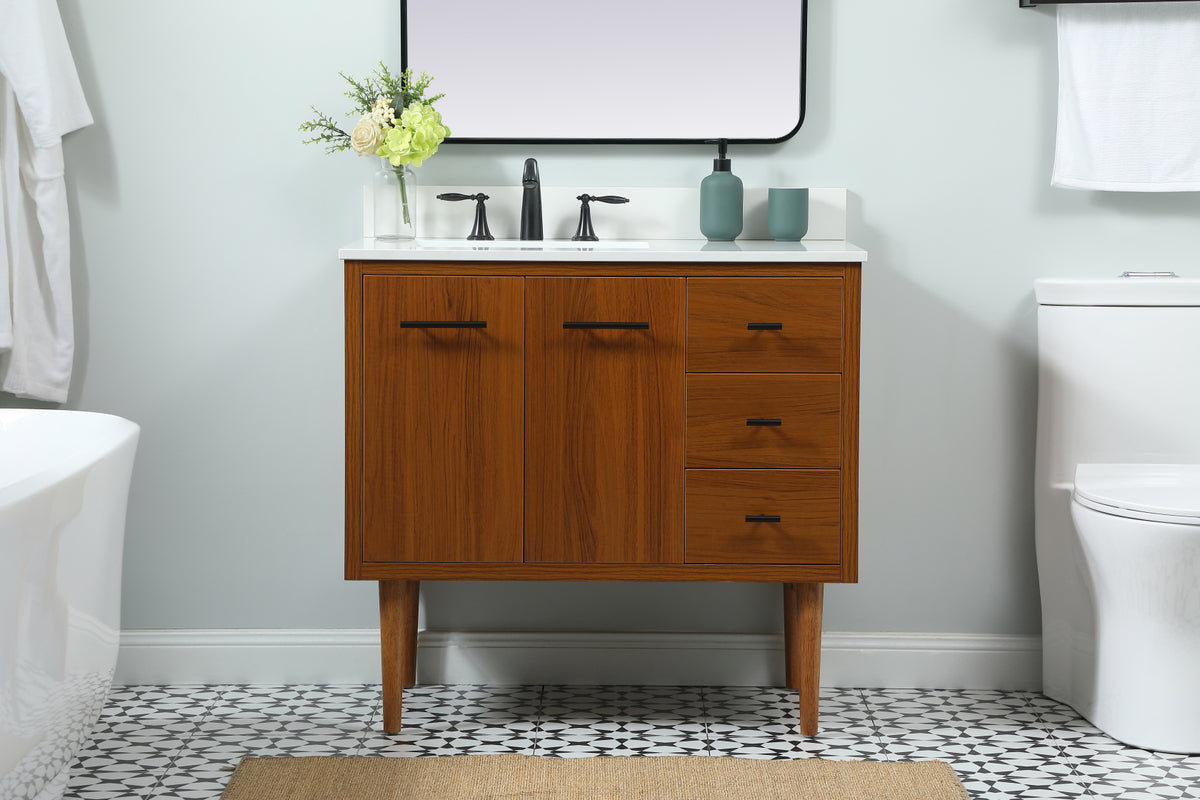 36 inch Single bathroom vanity in teak with backsplash