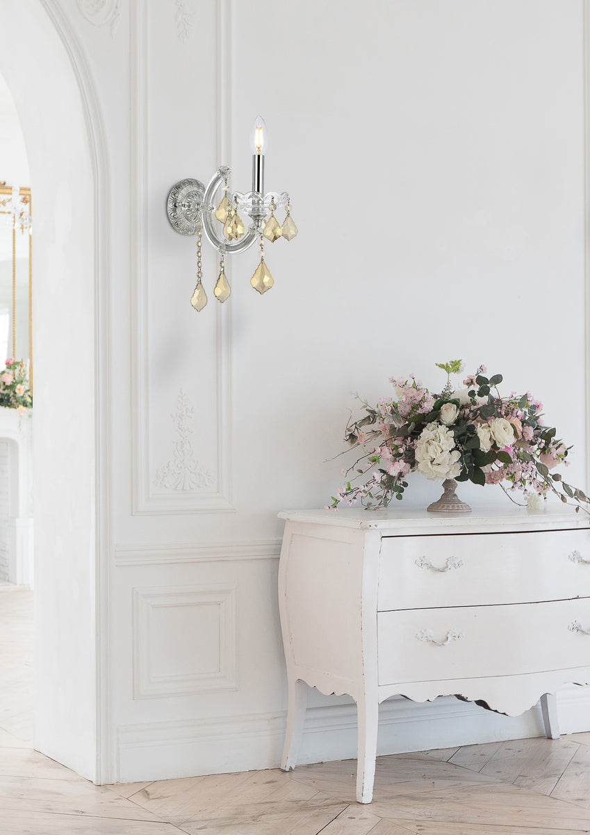 Maria Theresa 1 light Chrome Wall Sconce Golden Teak (Smoky) Royal Cut Crystal