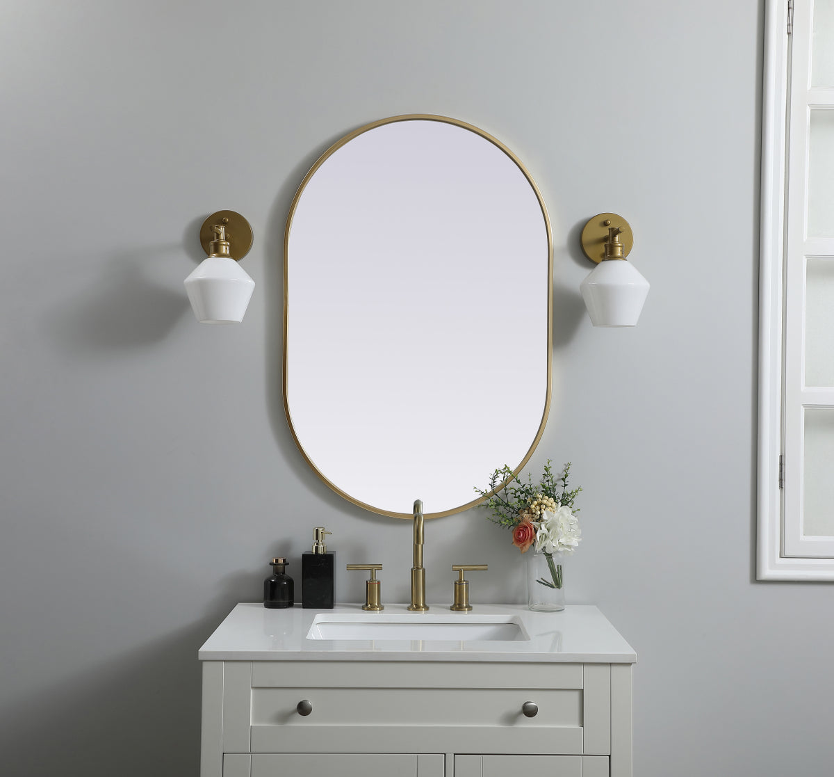 Metal Frame Oval Mirror 24x36 Inch in Brass