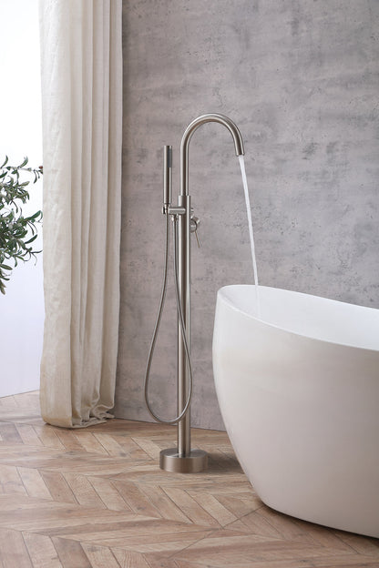 Steven Floor Mounted Roman Tub Faucet with Handshower in Brushed Nickel