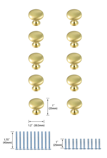 Cadon 1.2" Diameter Brushed Gold Mushroom Knob Multipack (Set of 10)
