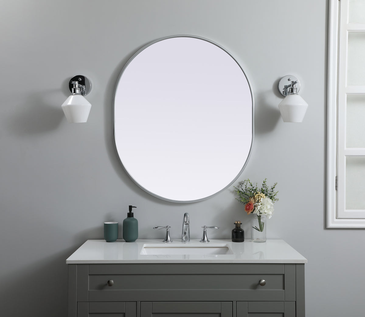 Metal Frame Oval Mirror 30x36 Inch in Silver