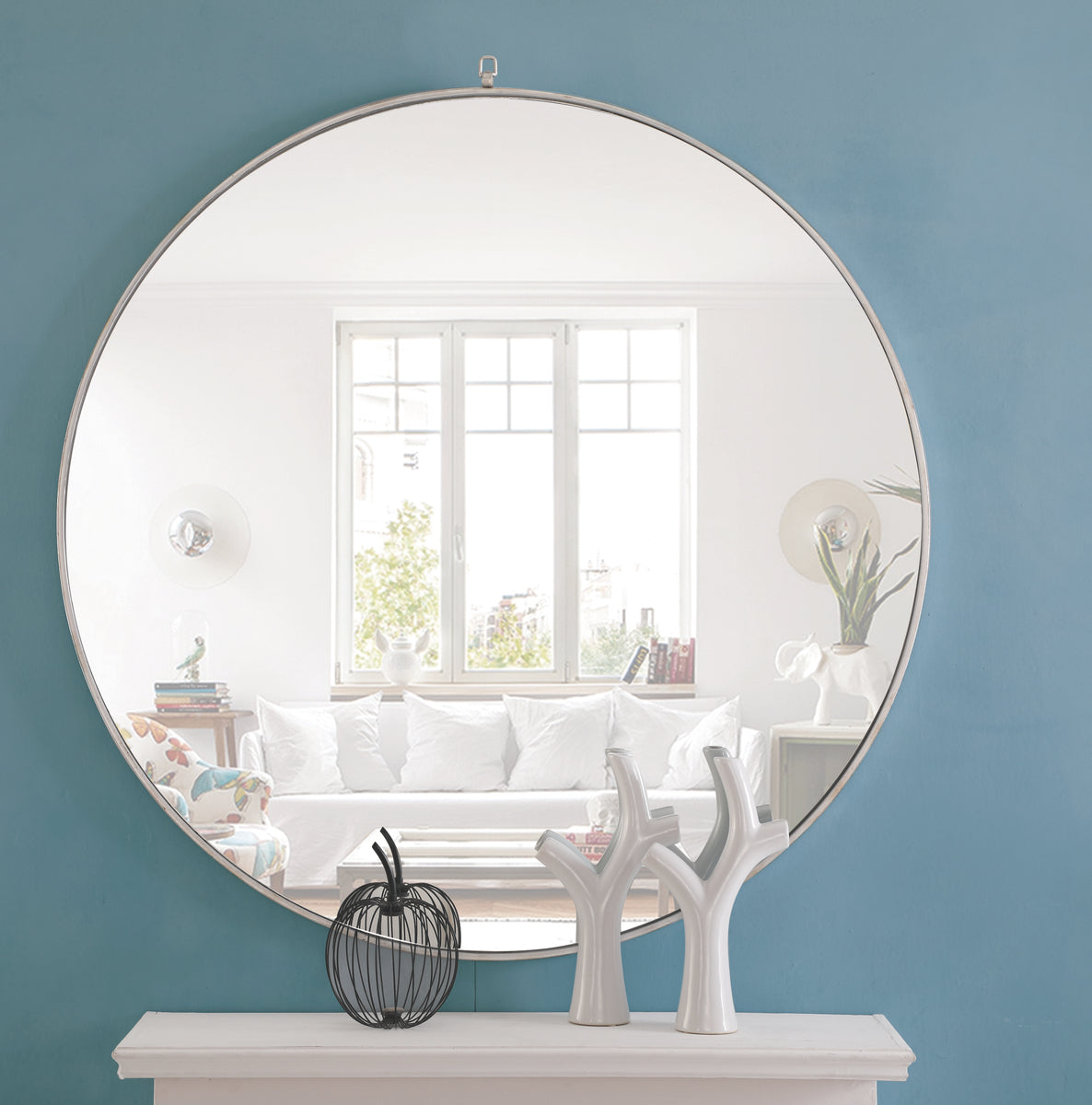 Metal frame Round Mirror with decorative hook 48 inch Silver finish