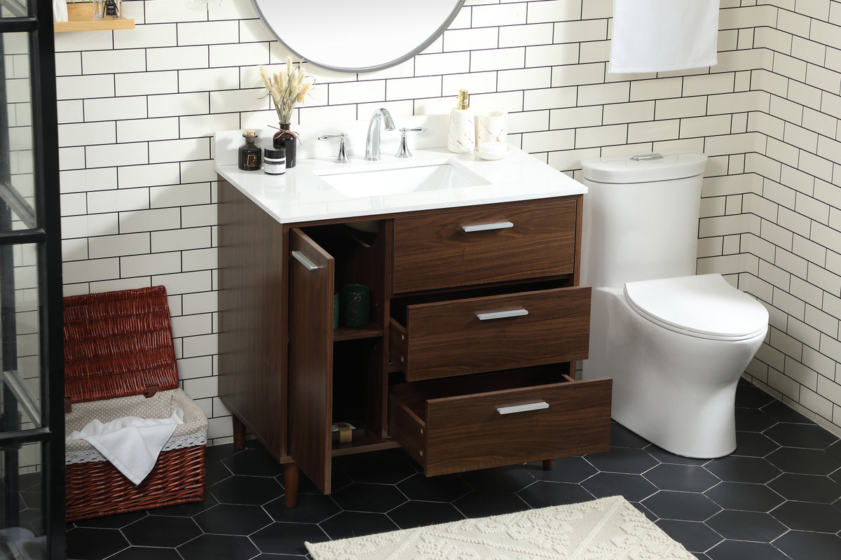 36 inch bathroom vanity in Walnut with backsplash
