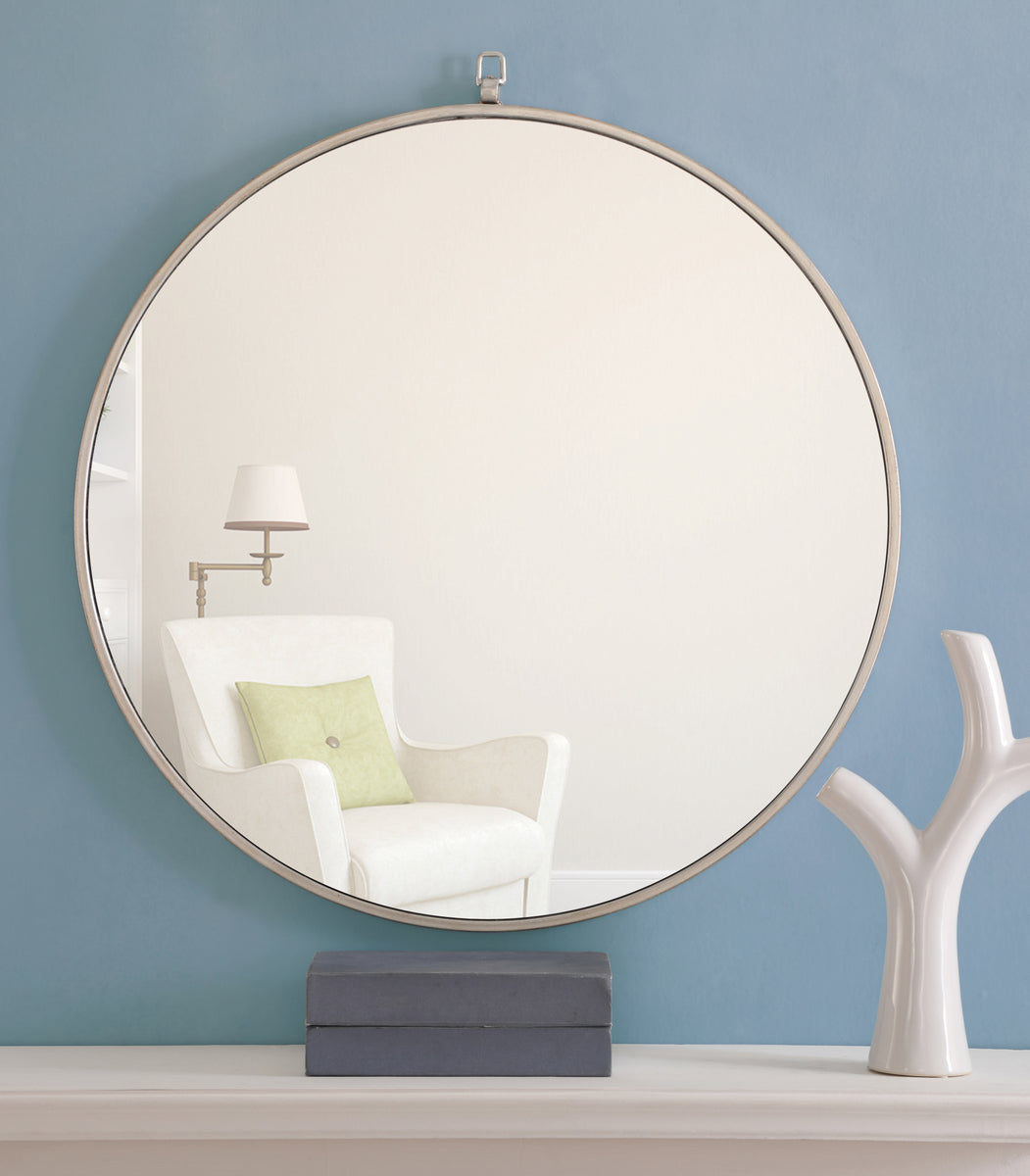 Metal frame Round Mirror with decorative hook 28 inch Silver finish