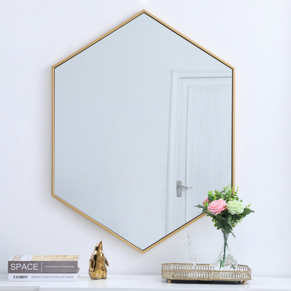 Metal frame hexagon mirror 30 inch in Brass
