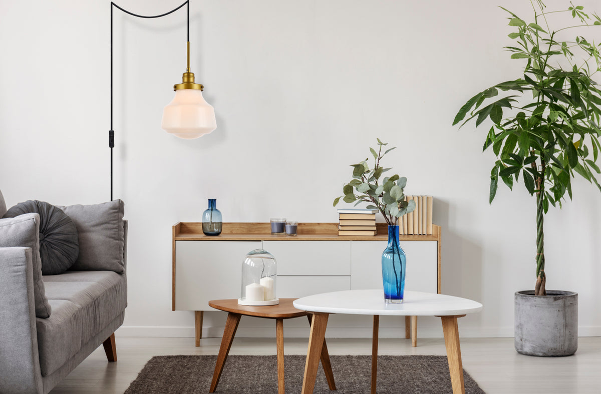 Lyle 1 light Brass and frosted white glass plug in pendant