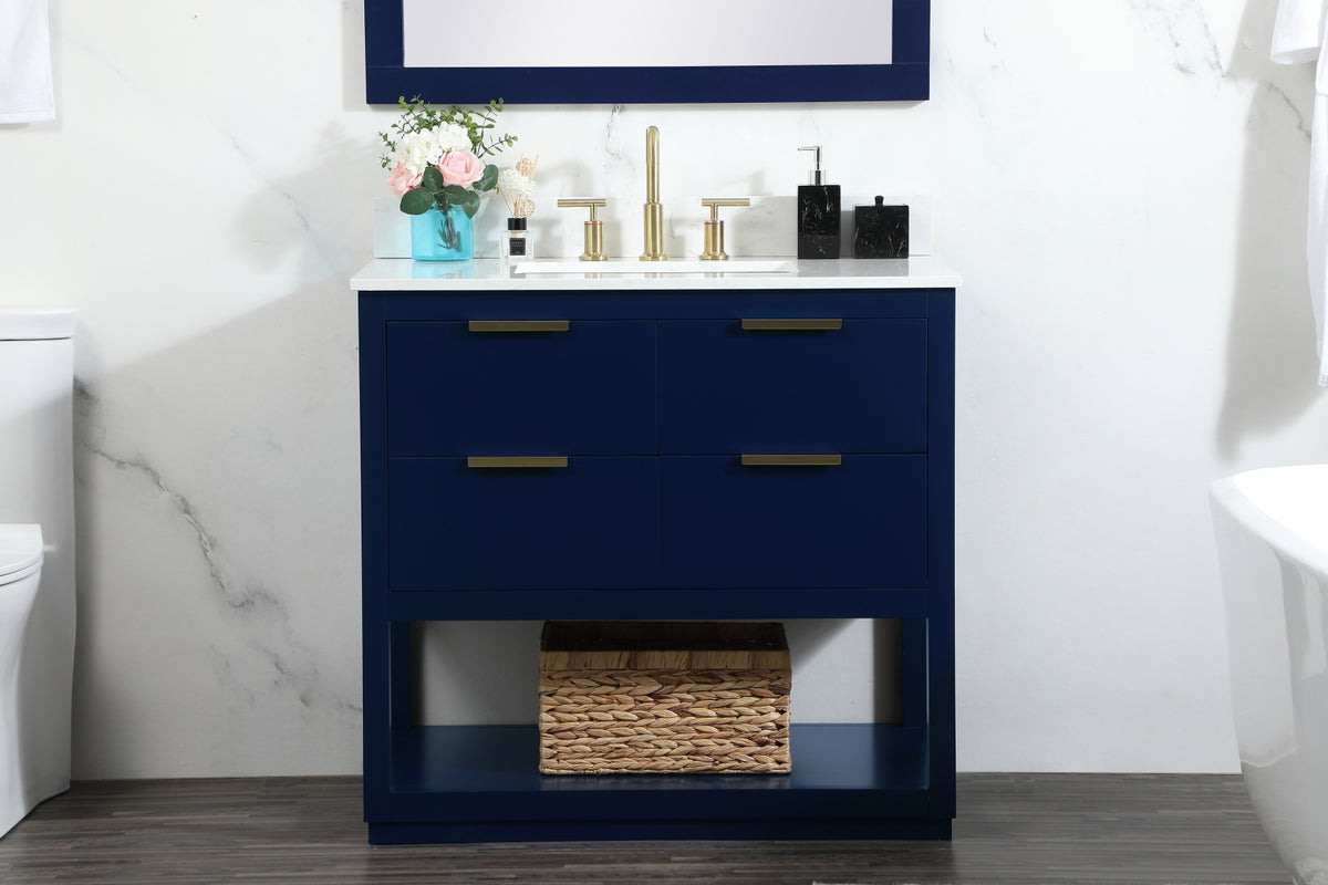 36 inch Single bathroom vanity in blue with backsplash
