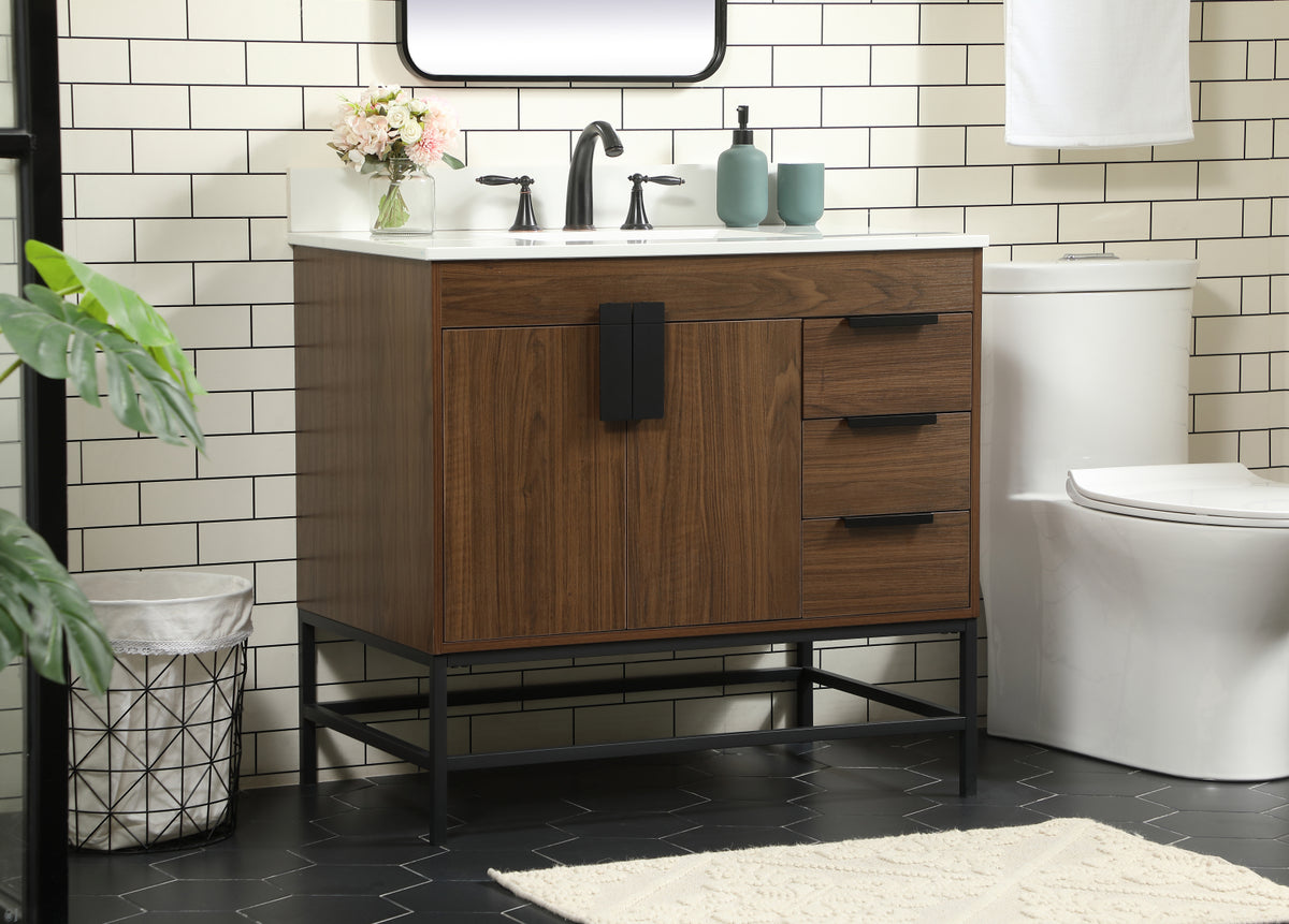 36 inch Single bathroom vanity in walnut with backsplash