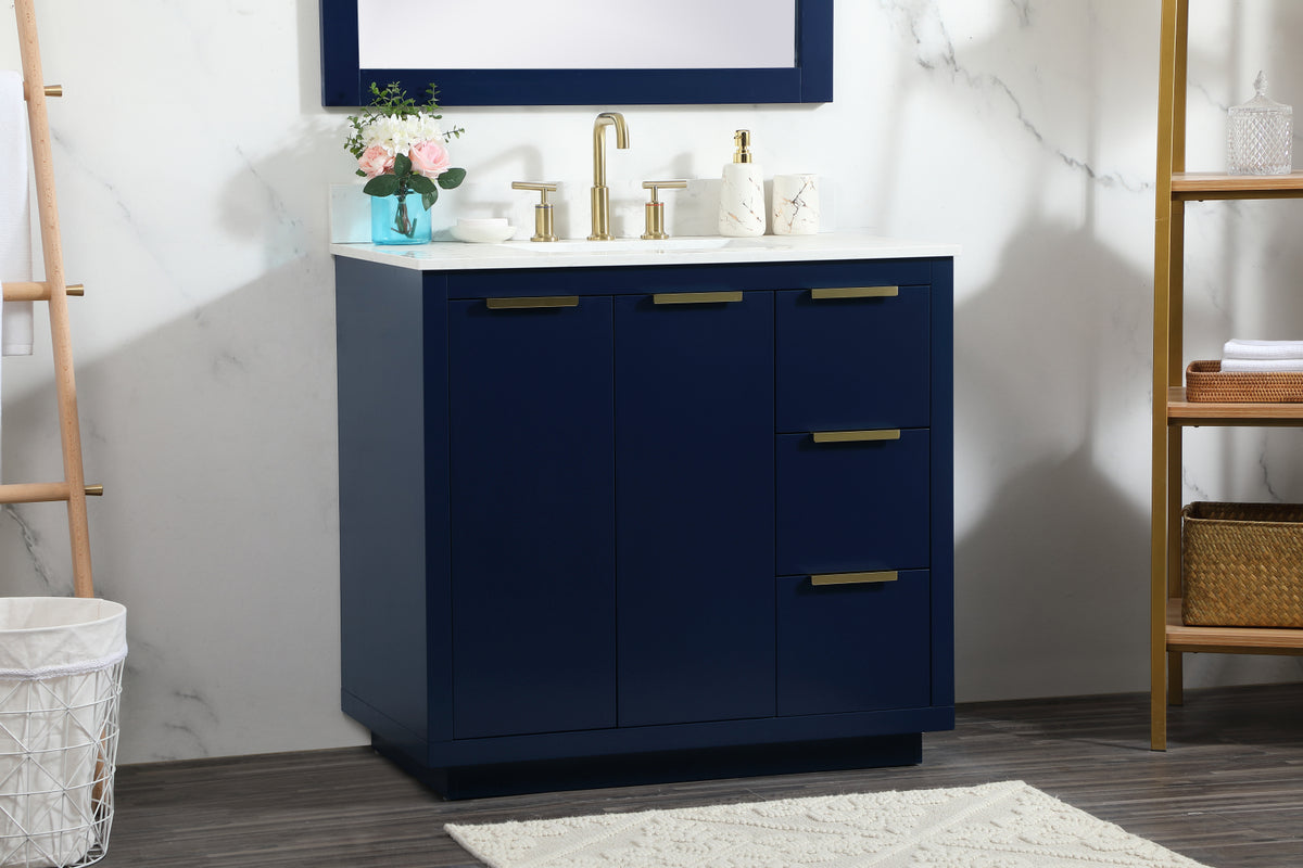 36 inch Single bathroom vanity in blue with backsplash