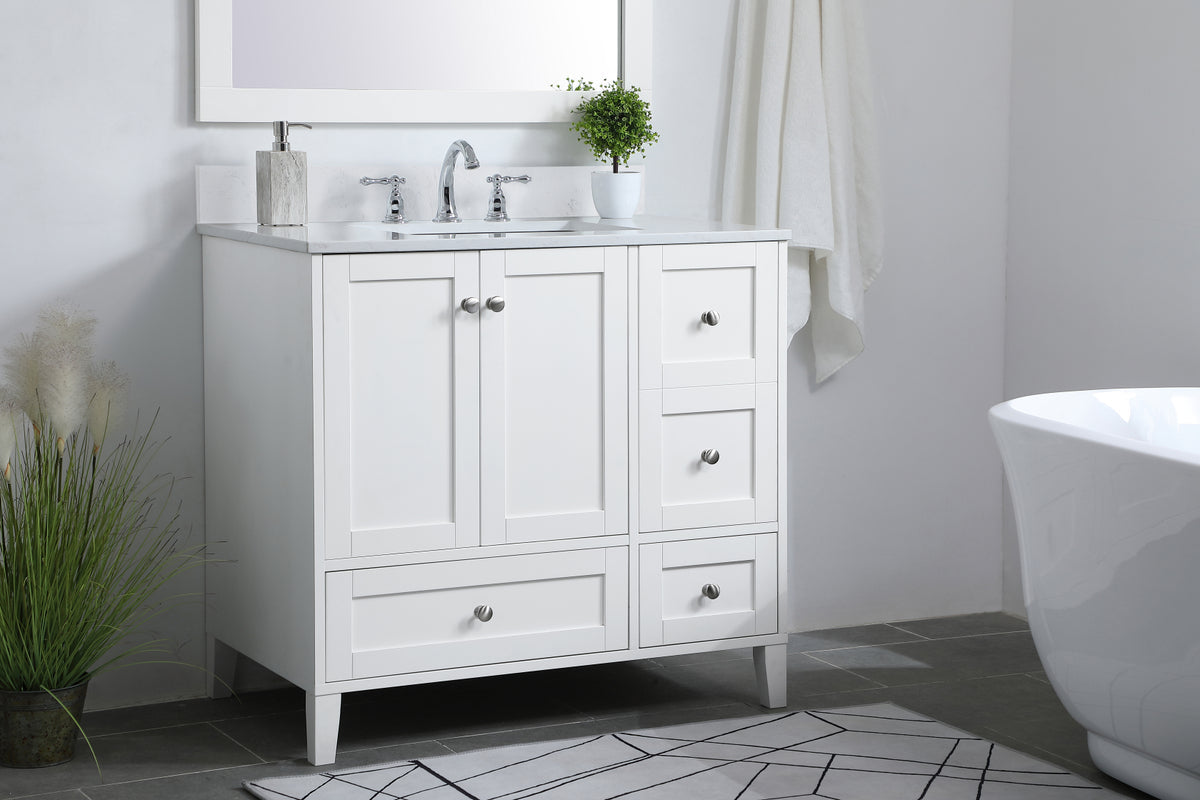 36 inch Single Bathroom Vanity in White with Backsplash