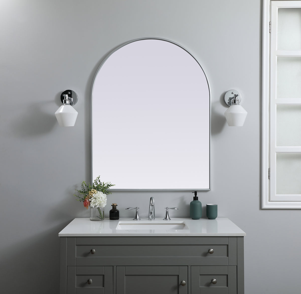 Metal Frame Arch Mirror 33x42 Inch in Silver