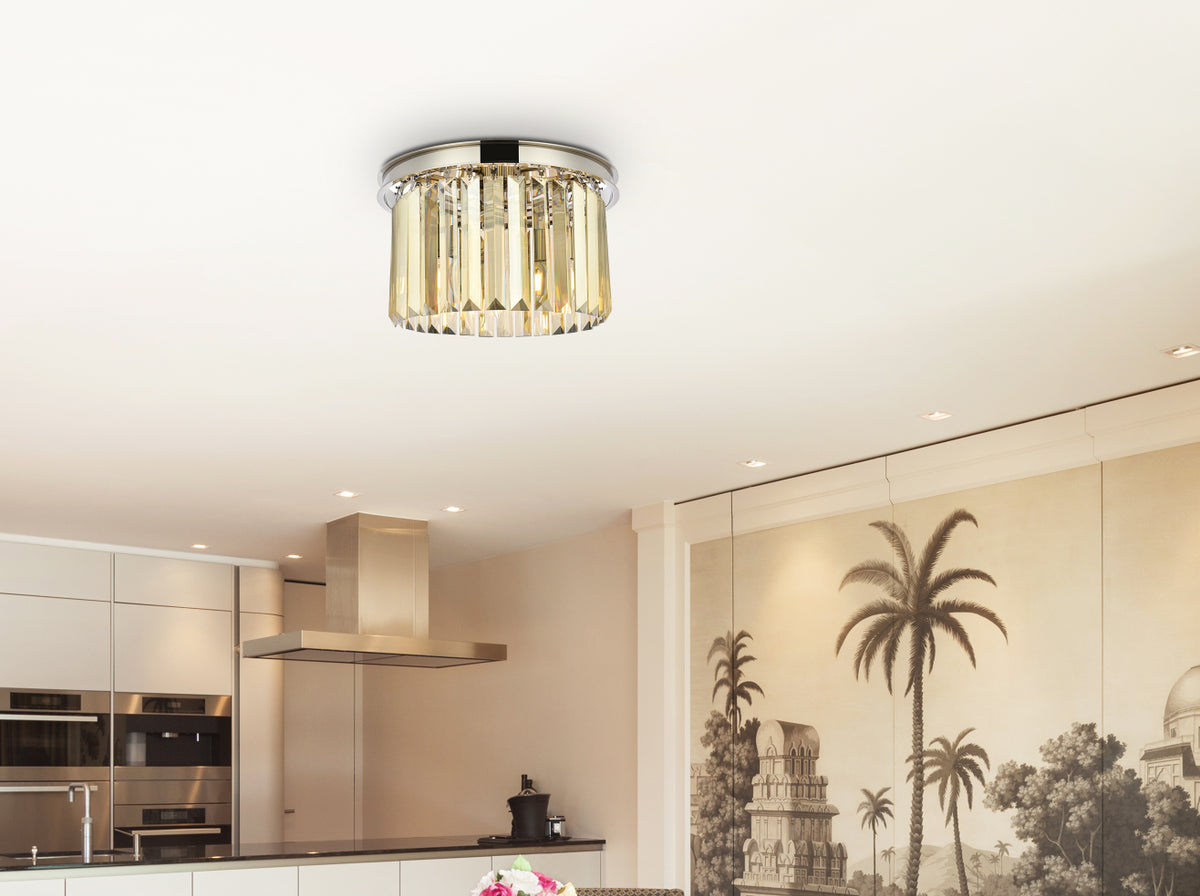 Sydney 3 light polished nickel Flush Mount Golden Teak (Smoky) Royal Cut Crystal