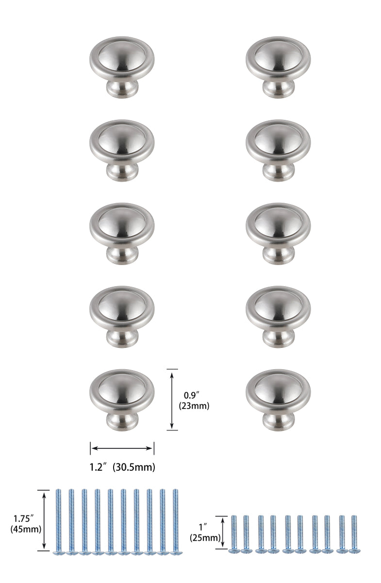 Garlande 1.2" Diameter Brushed Nickel Mushroom Knob Multipack (Set of 10)