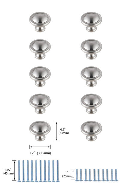 Garlande 1.2" Diameter Brushed Nickel Mushroom Knob Multipack (Set of 10)