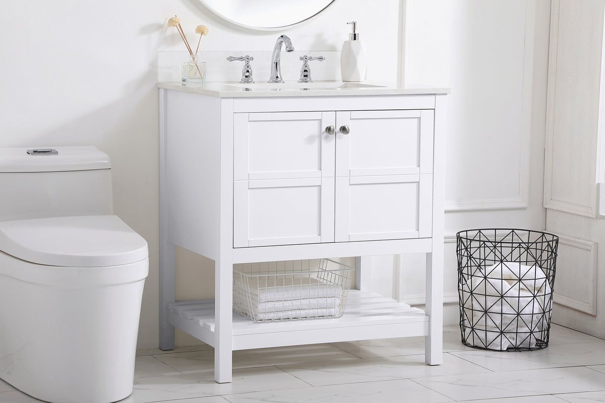 30 inch Single Bathroom Vanity in White with Backsplash