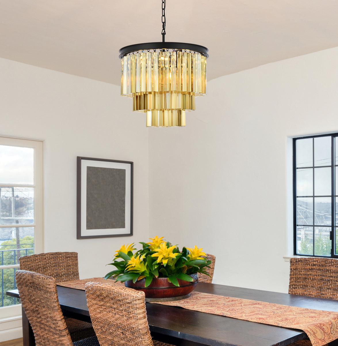 Sydney 9 light Matte Black Chandelier Golden Teak (Smoky) Royal Cut Crystal