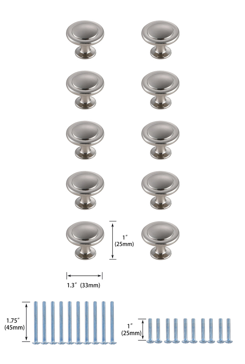 Logyn 1.3" Diameter Brushed Nickel Mushroom Knob Multipack (Set of 10)