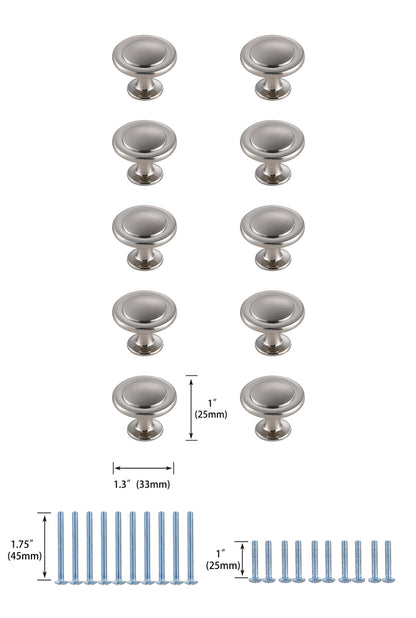 Logyn 1.3" Diameter Brushed Nickel Mushroom Knob Multipack (Set of 10)