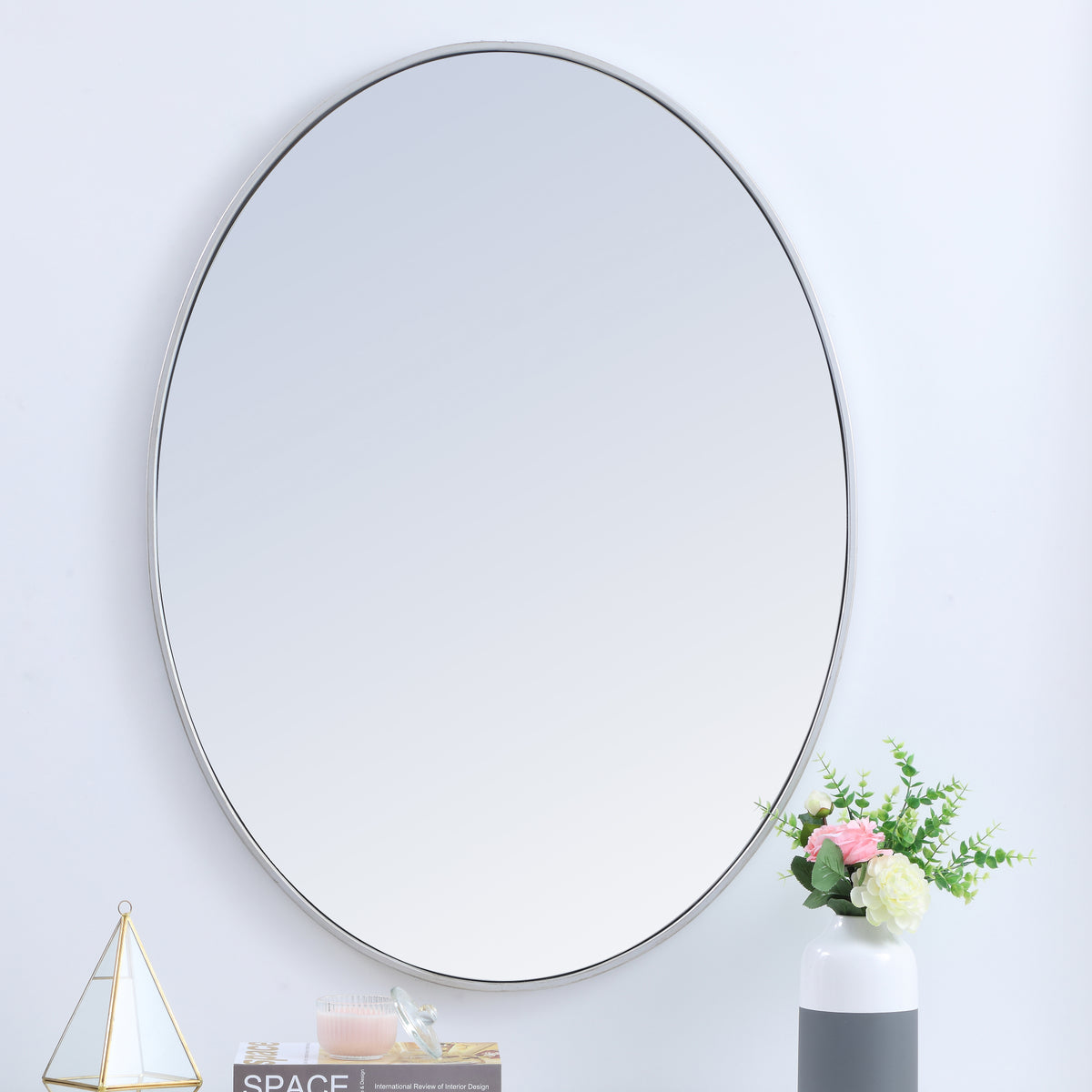 Metal frame oval mirror 40 inch in silver