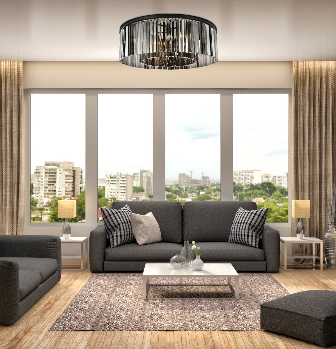 Sydney 10 light Matte Black Flush Mount Silver Shade (Grey) Royal Cut Crystal