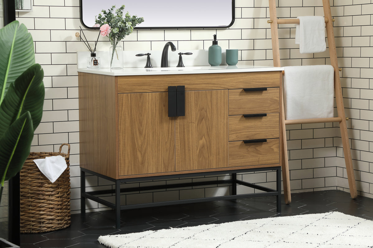 42 inch Single bathroom vanity in walnut brown with backsplash
