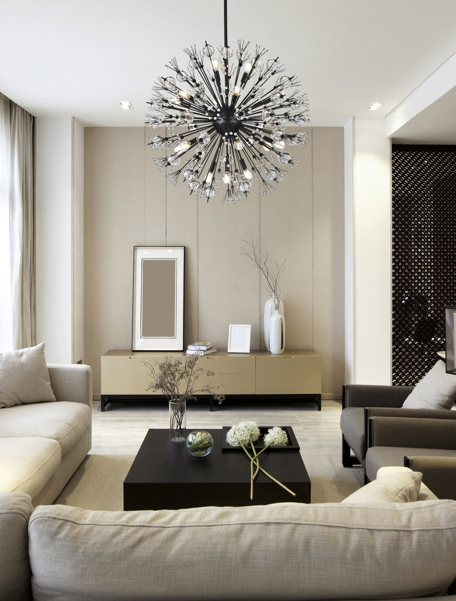 Vera 32 inch crystal starburst round pendant in black