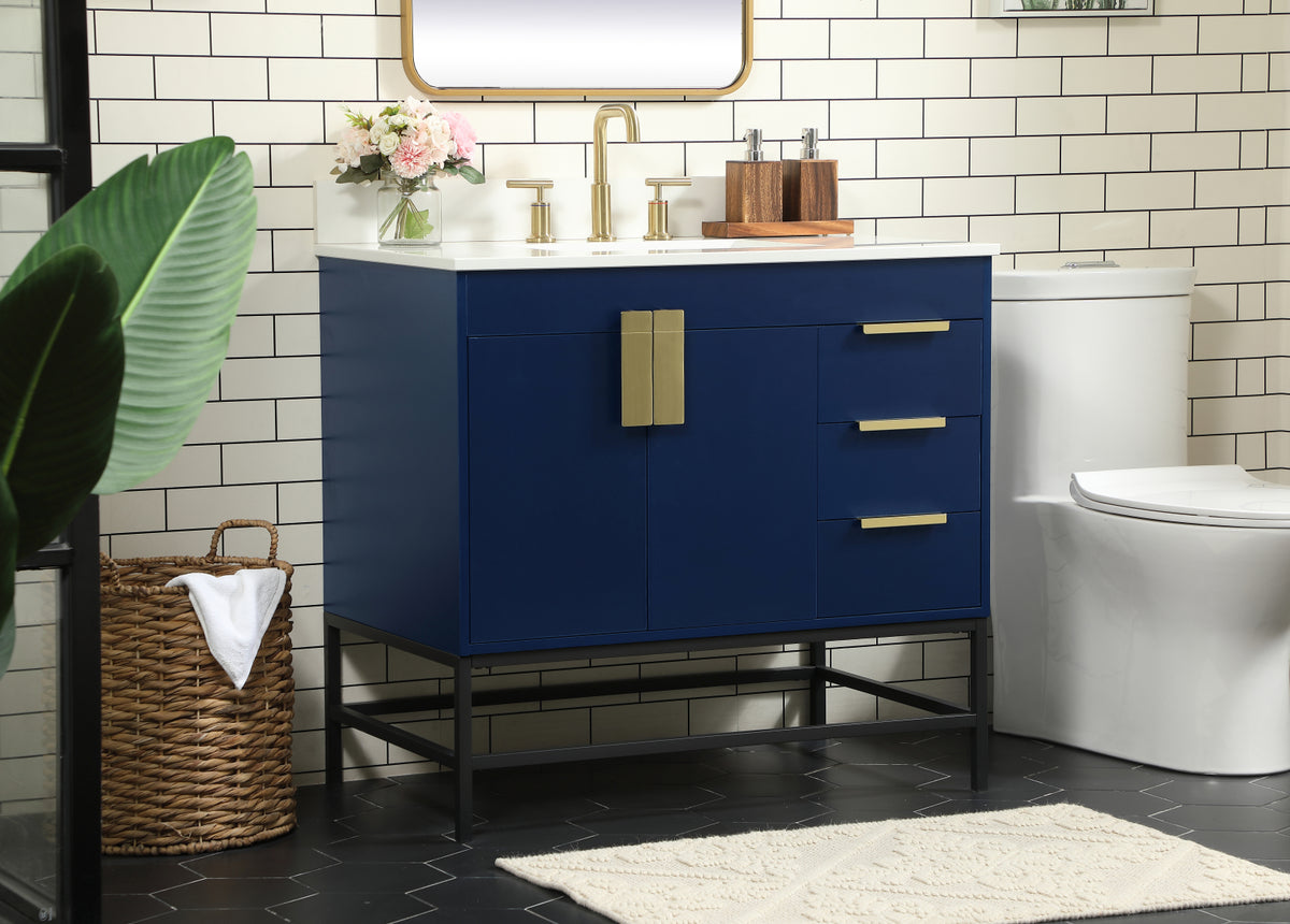 36 inch Single bathroom vanity in blue with backsplash