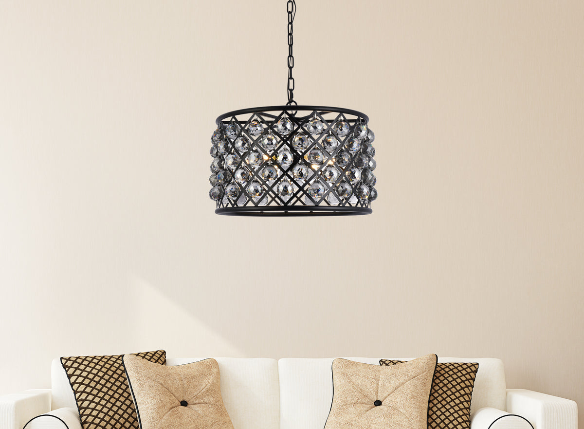 Madison 6 light Matte Black Pendant Silver Shade (Grey) Royal Cut Crystal