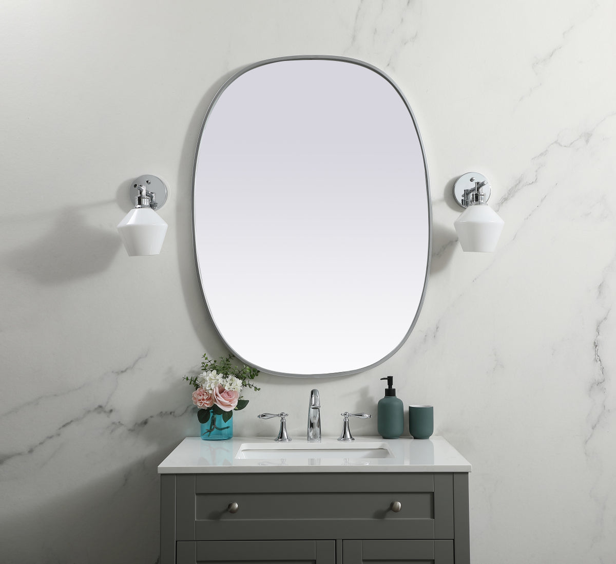 Metal Frame Oval Mirror 30x40 Inch in Silver