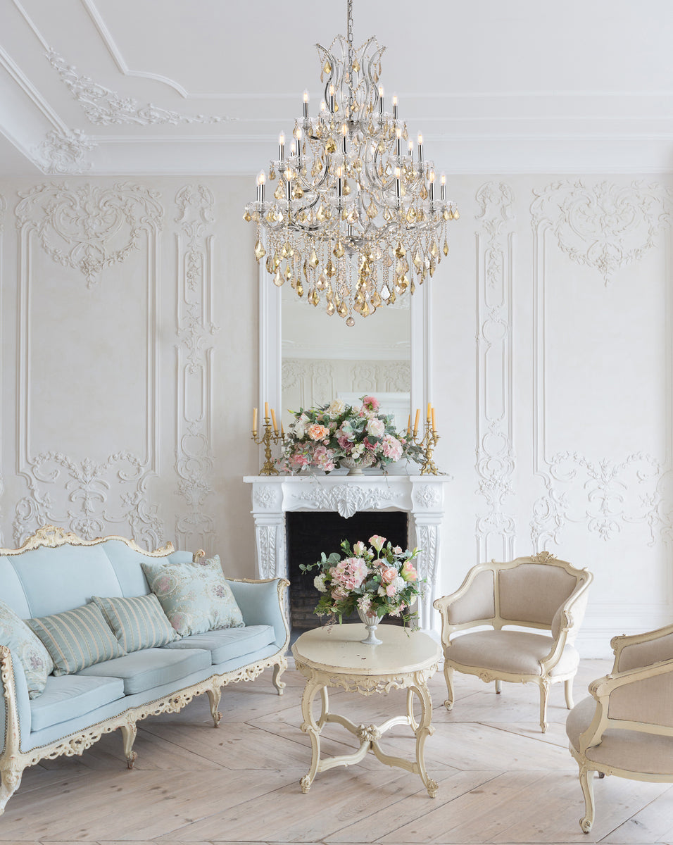 Maria Theresa 28 light Chrome Chandelier Golden Teak (Smoky) Royal Cut Crystal