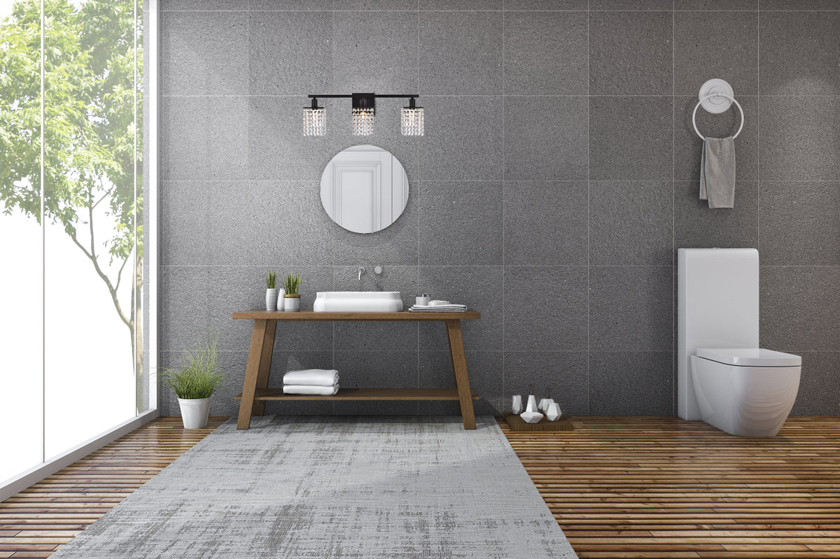 Phineas 3 lights bath sconce in black with clear crystals