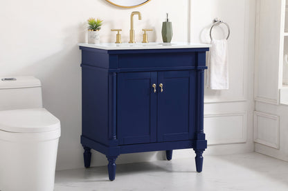 30 inch Single Bathroom vanity in Blue with ivory white engineered marble