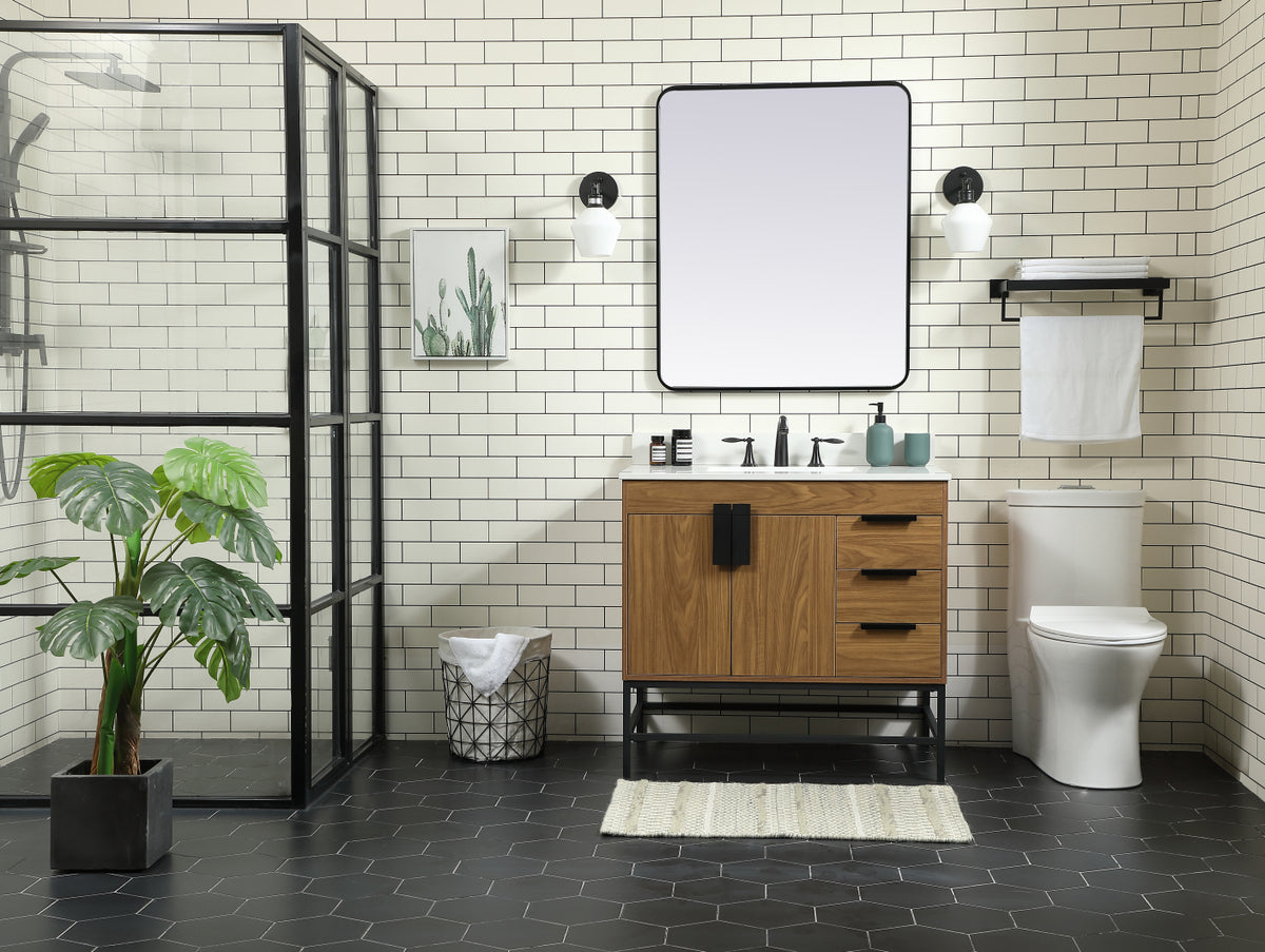 36 inch Single bathroom vanity in walnut brown with backsplash