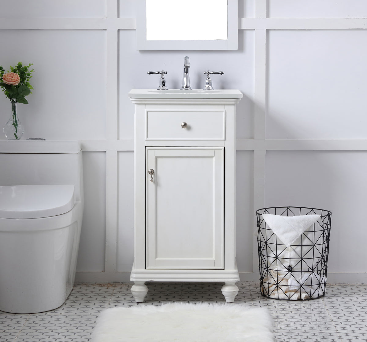 19 inch Single Bathroom vanity in antique white with ivory white engineered marble