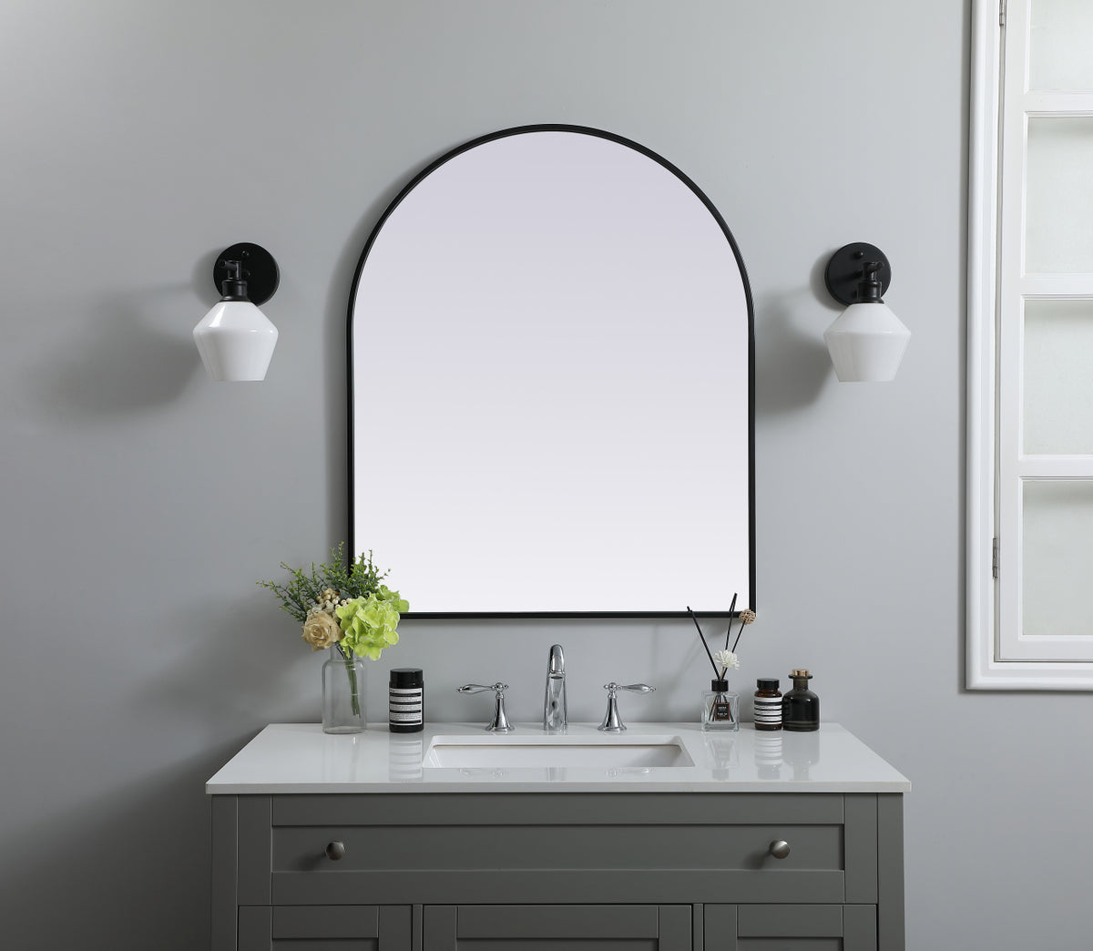 Metal Frame Arch Mirror 30x36 Inch in Black