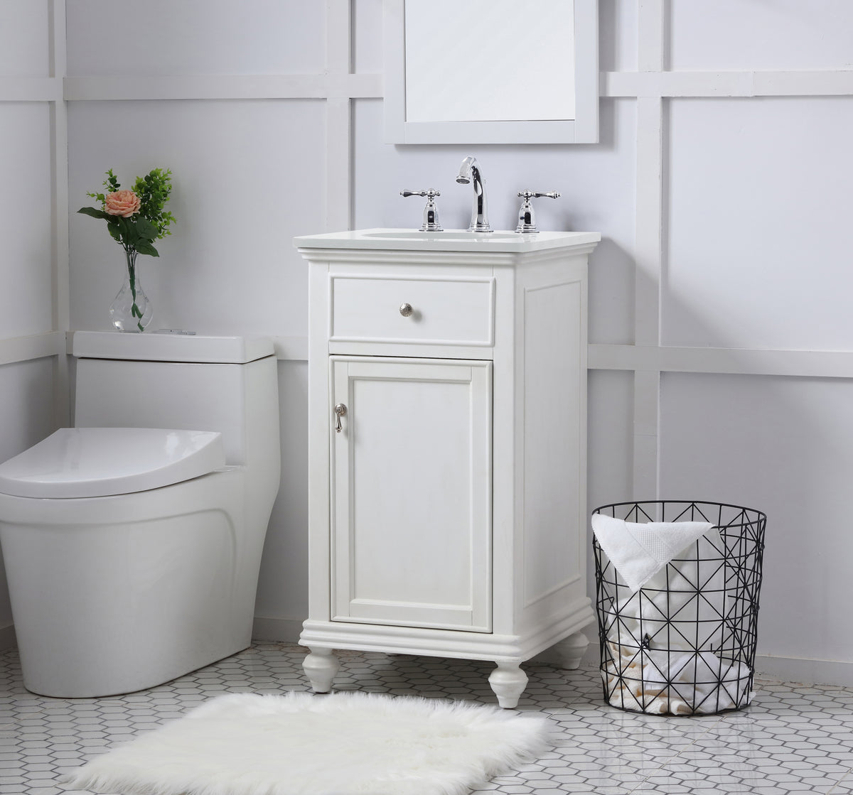 19 inch Single Bathroom vanity in antique white with ivory white engineered marble