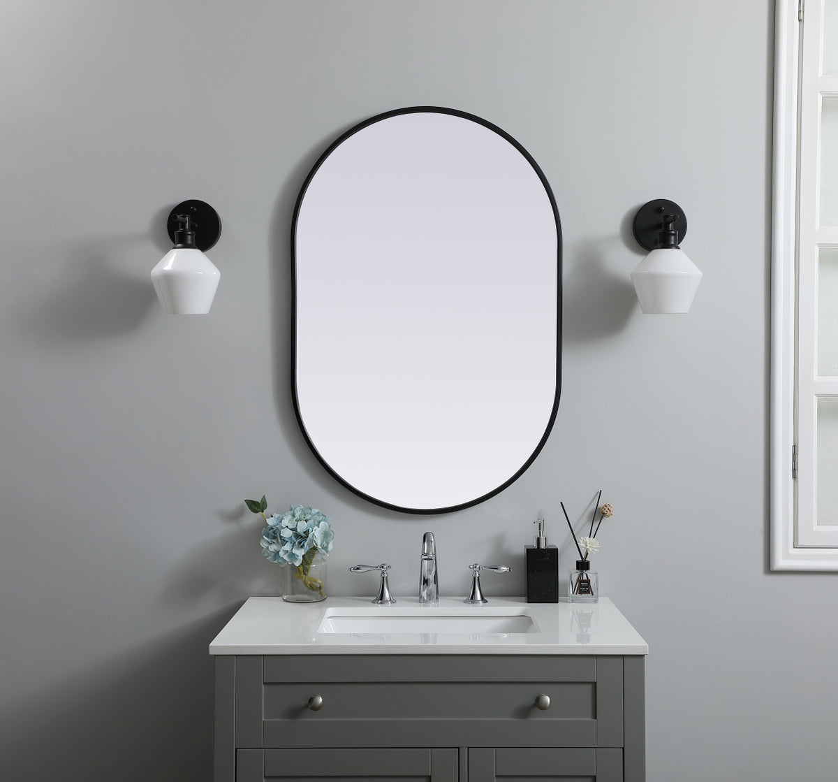Metal Frame Oval Mirror 24x36 Inch in Black