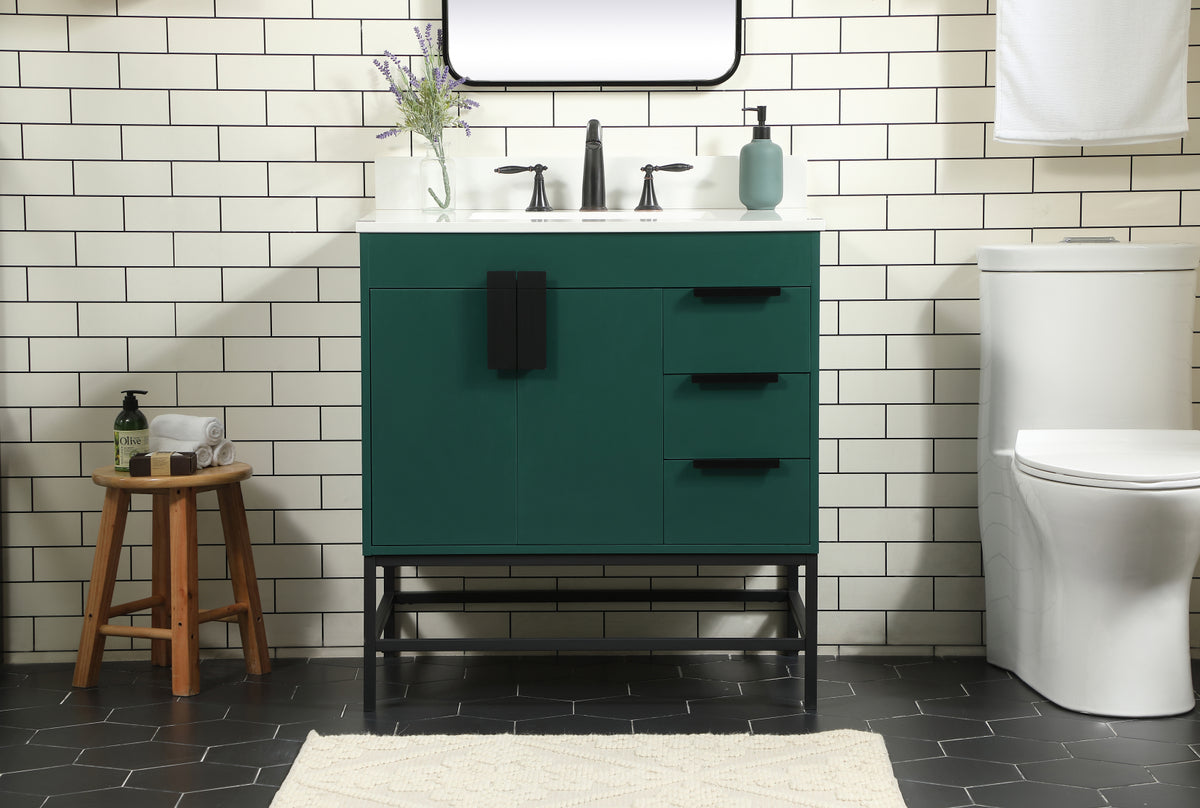 32 inch Single bathroom vanity in green with backsplash