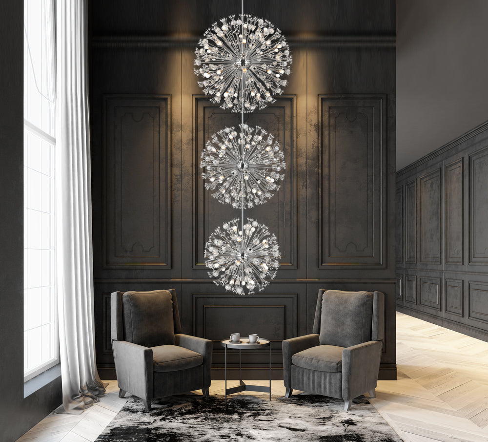 Vera 44 inch three tiers crystal starburst chandelier in chrome